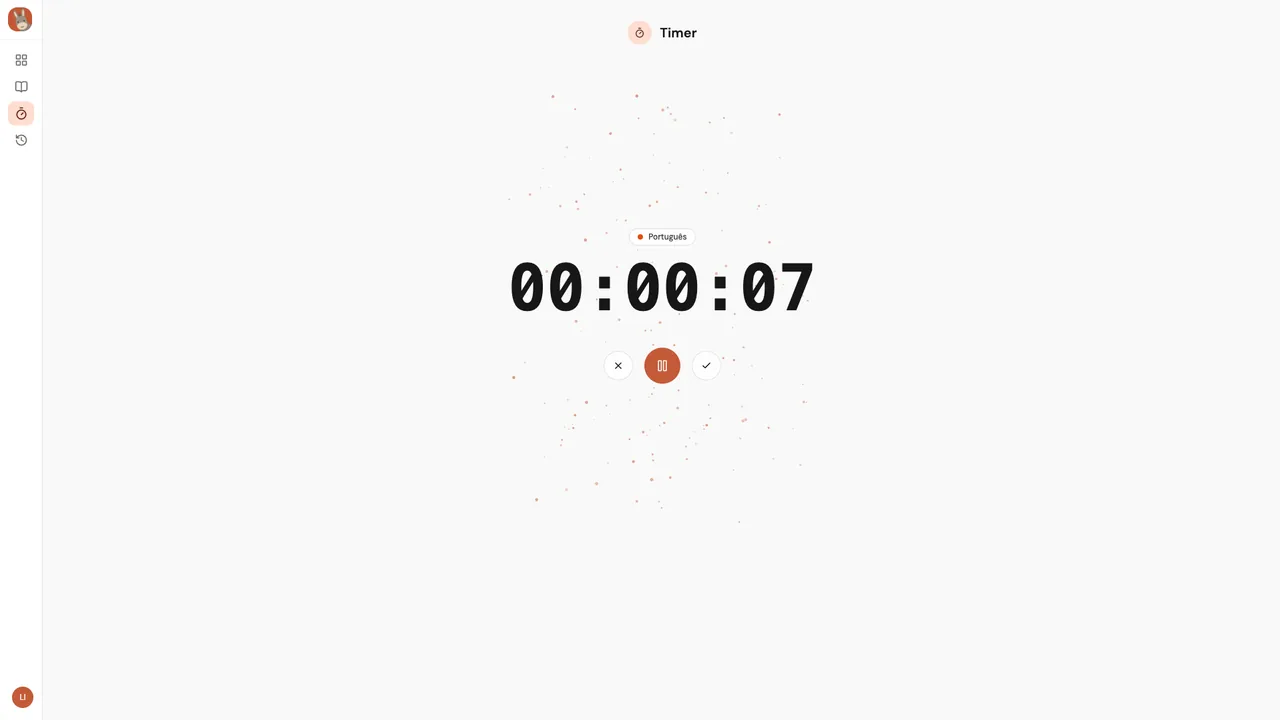 Tela do Timer do Nerdify: cronômetro em execução para a matéria Português, com botões para pausar, cancelar e concluir a sessão.