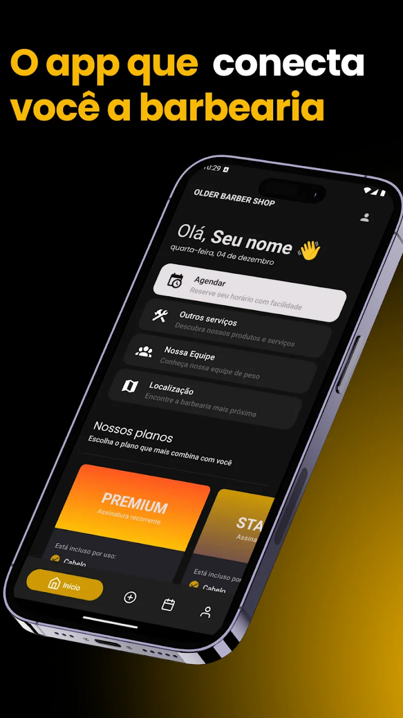 Tela inicial do app Older Barber Shop, com um celular inclinado mostrando os atalhos de agendar, outros serviços, equipe e localização, e os planos. Título: "O app que conecta você à barbearia".
