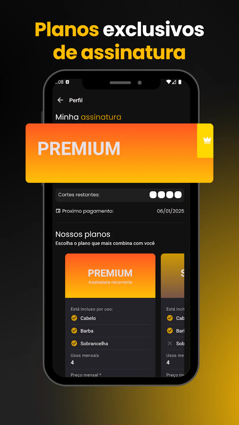 Tela de perfil com a assinatura Premium em destaque e a lista de planos disponíveis. Título: "Planos exclusivos de assinatura".