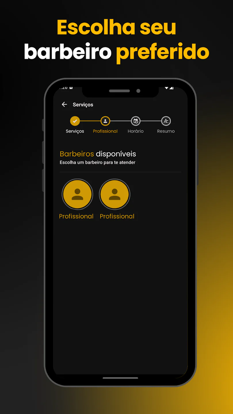Etapa de profissional no agendamento: barbeiros disponíveis para atender. Título: "Escolha seu barbeiro preferido".