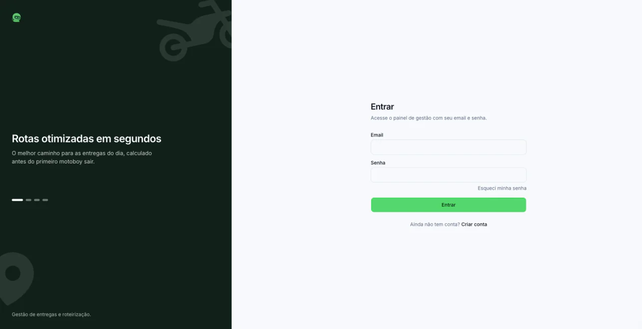Tela de login do Rotafy: à esquerda, o slogan "Rotas otimizadas em segundos"; à direita, o formulário de e-mail e senha.